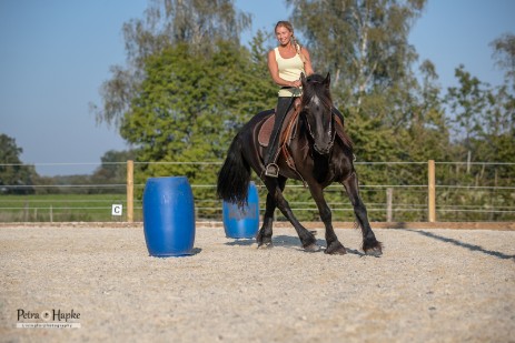 Reiterin auf Pferd beim Unterricht auf dem Reitplatz